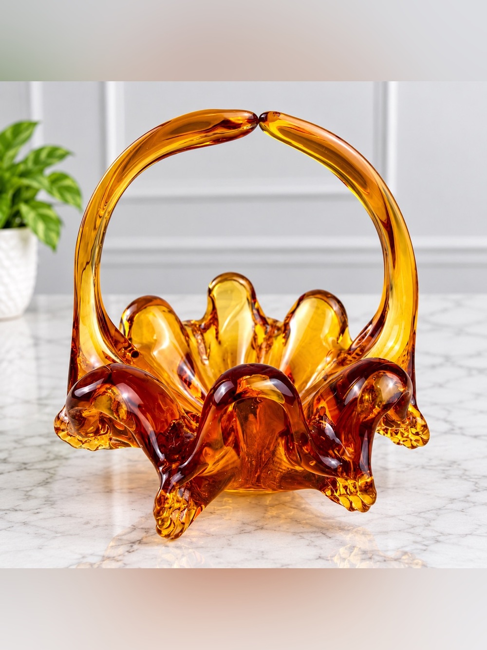 Amber Art Glass Basket Ruffled Decorative Handle Sculptural